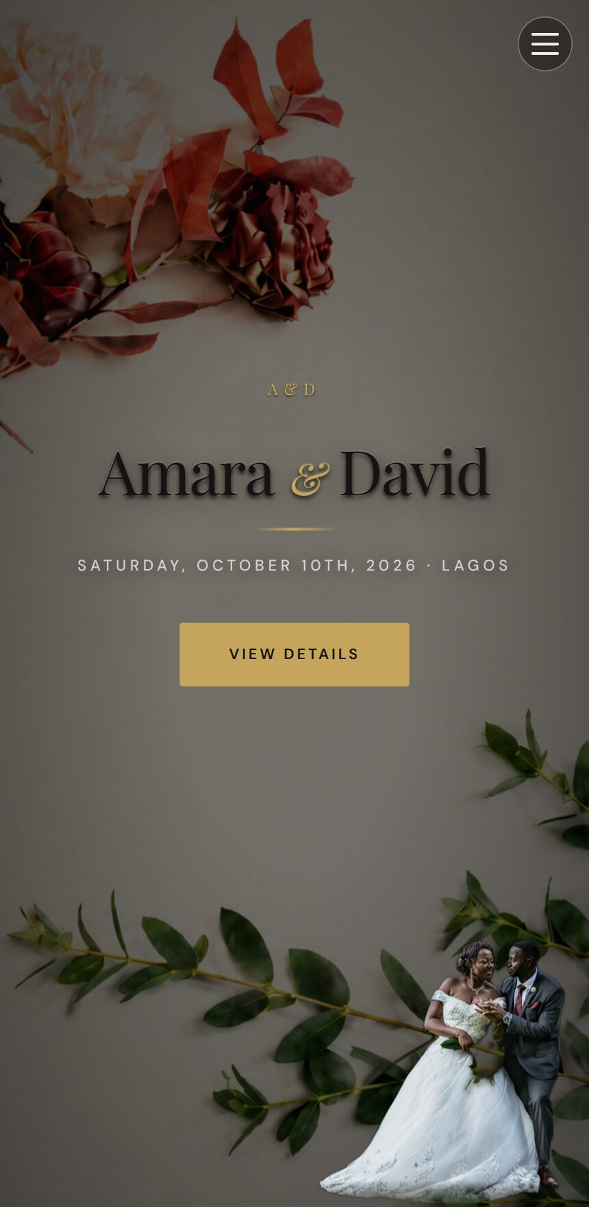 The Grand Luxe template — couple cutout layered over romantic florals with serif names