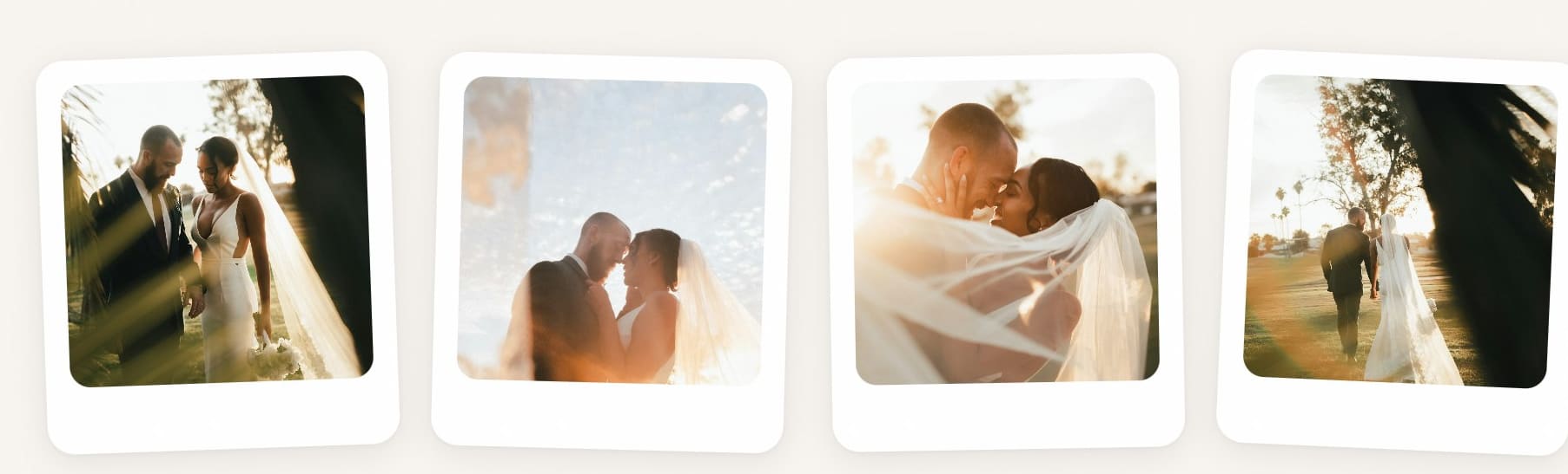 Scrapbook Gallery — a row of tilted polaroid wedding photos on a cream page